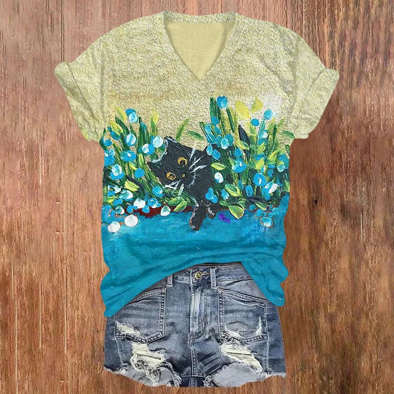 Funny Black Cat And Flowers Oil Painting Art T-shirt - Yellow - US32-34(5XL) - image 1