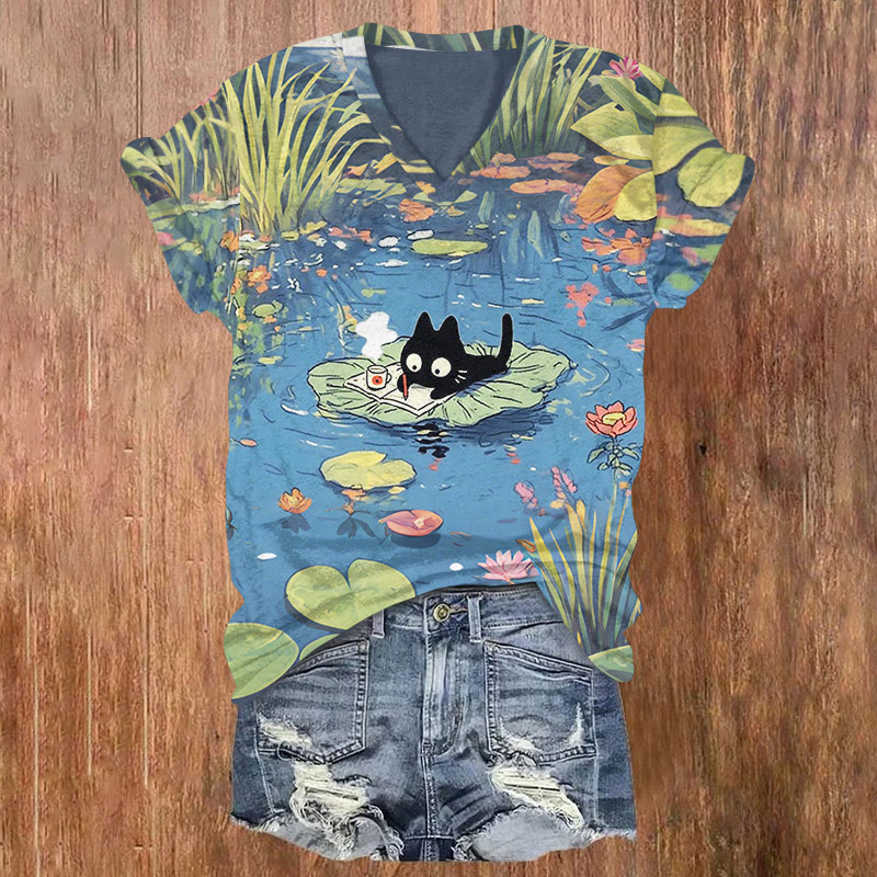  Interesting Writing Cat And Lotus Pond Art T-shirt - Blue - US32-34(5XL) - image 1