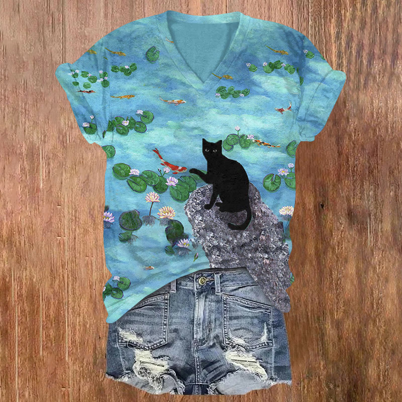  Lotus Pond Goldfish And Black Cat Art T-shirt - Blue - US32-34(5XL) - image 1