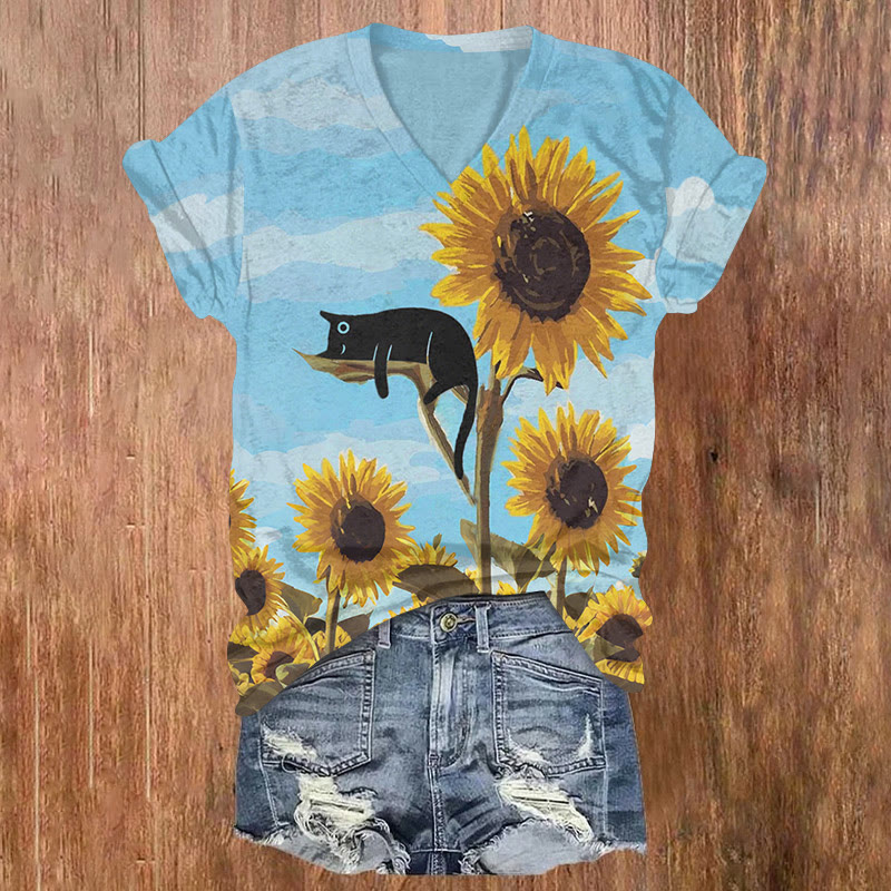 Lazy Black Cat And Sunflower Art T-shirt - Blue - US32-34(5XL) - image 1