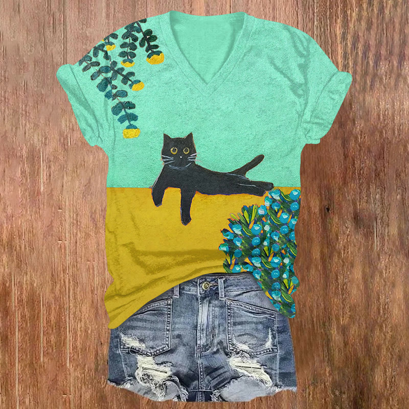 Lazy Cat And Flowers Contrasting Colors Oil Painting Art T-shirt - Mint - US32-34(5XL) - image 1