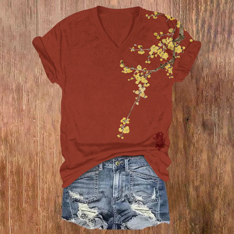 Japanese Classic Plum Blossom Art T-shirt - Red - US32-34(5XL) - image 1