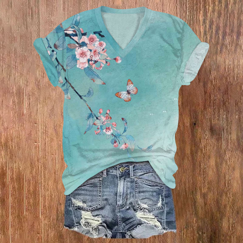 Vintage Sakura Blossom & Butterfly Art T-shirt - Sky Blue - US32-34(5XL) - image 1