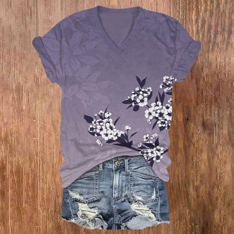 Lovely White Cherry Blossom Art T-shirt - Purple - US32-34(5XL) - image 1