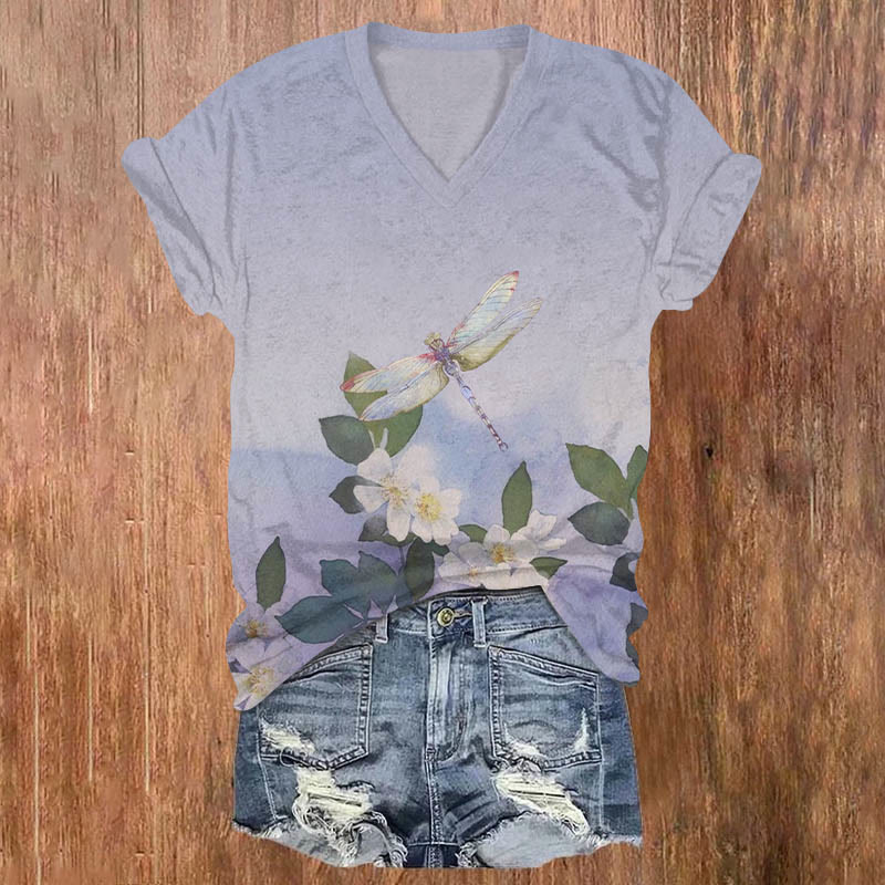 Romantic Flowers & Dragonfly Art T-shirt - Light Purple - US32-34(5XL) - image 1