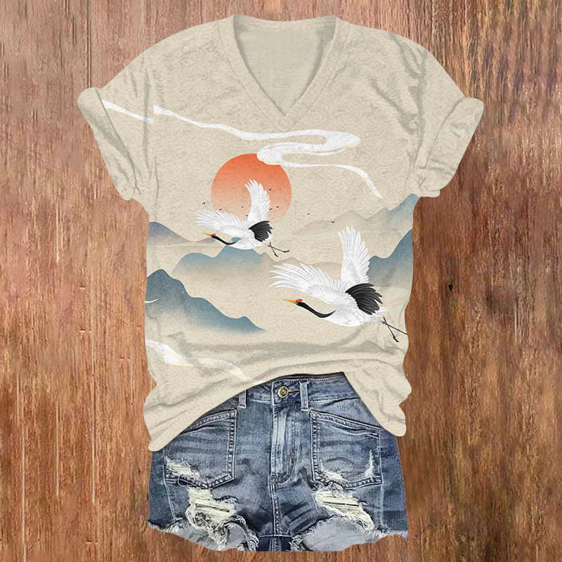Dancing Cranes At Sunrise Art T-shirt - Apricot - US32-34(5XL) - image 1