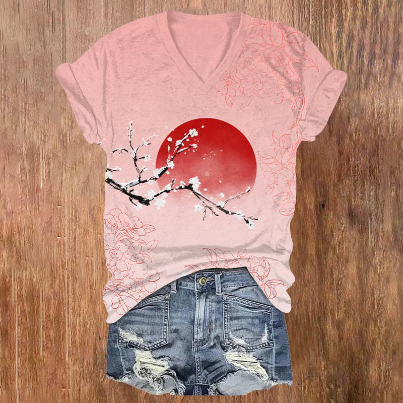 Vintage Cherry Blossom & Sun Art T-shirt - Pink - US32-34(5XL) - image 1