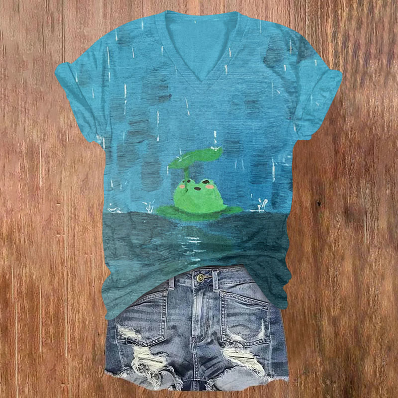 Funny Frog In The Rain Art T-shirt - Blue - US32-34(5XL) - image 1