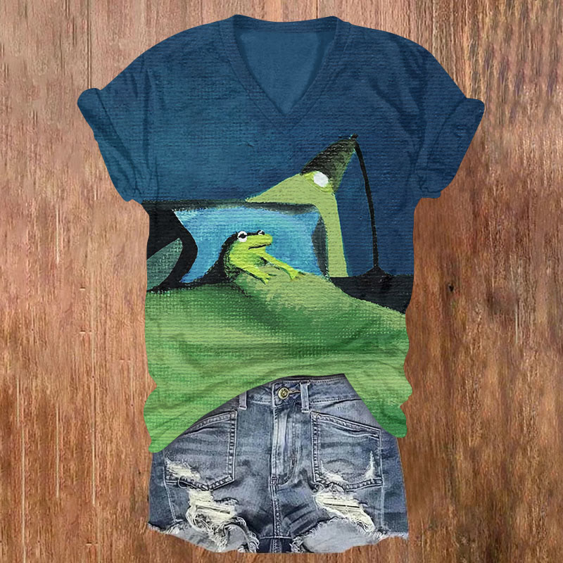 Fun Frog Night Hand-painted Unique Art T-shirt - Blue - US32-34(5XL) - image 1
