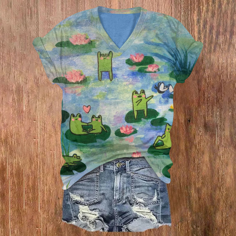 Funny Pond Playful Frog Cartoon Art T-shirt - Multicolor - US32-34(5XL) - image 1