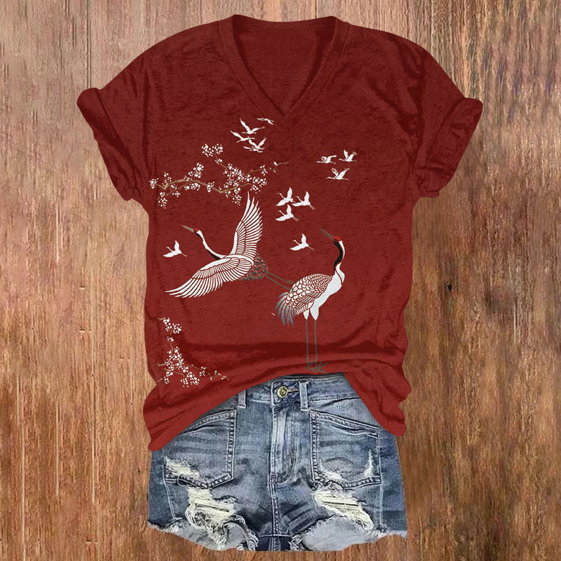 Vintage Japanese Style Red-crowned Crane And Plum Blossom Art T-shirt - Red - US32-34(5XL) - image 1