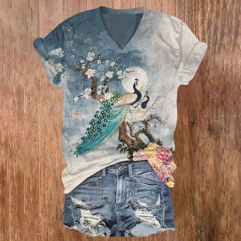 Retro Japanese Peacock And Plum Blossom Art T-shirt - Blue - US32-34(5XL) - image 1