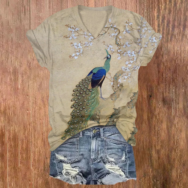 Vintage Japanese Style Peacock And Floral Abstract Art T-shirt - Khaki - US32-34(5XL) - image 1