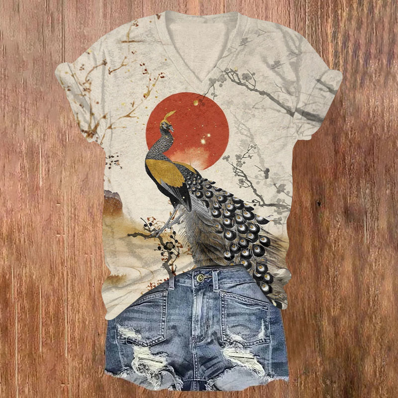 Vintage Japanese Style Peacock And Sunset Floral Art T-shirt - Apricot - US32-34(5XL) - image 1