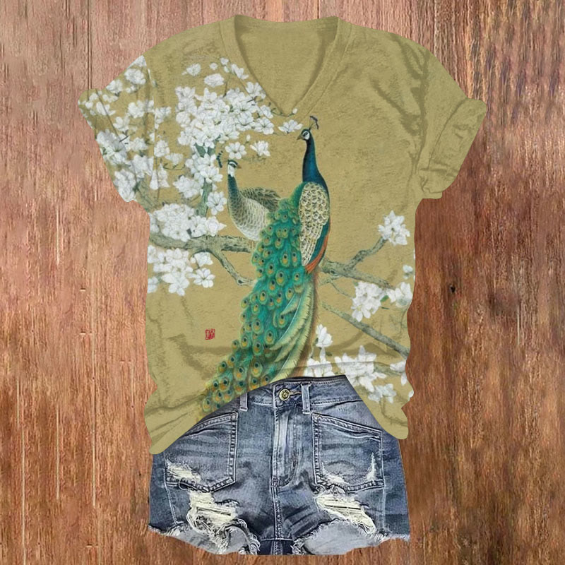 Vintage Japanese Style Peacock And Floral Art T-shirt - Green - US32-34(5XL) - image 1