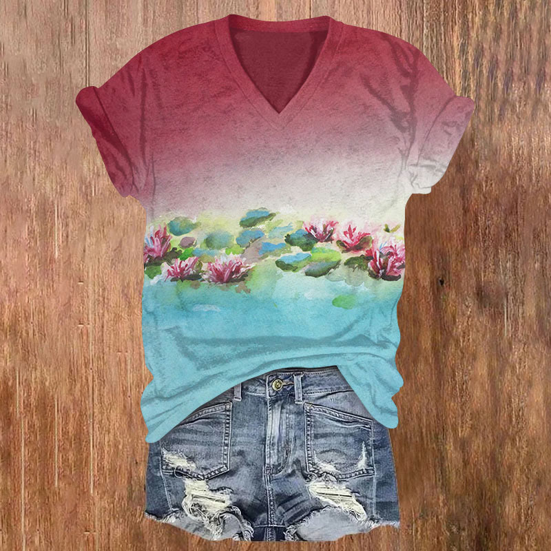  Retro Contrasting Color Lotus Oil Painting Art T-shirt - Blue - US32-34(5XL) - image 1