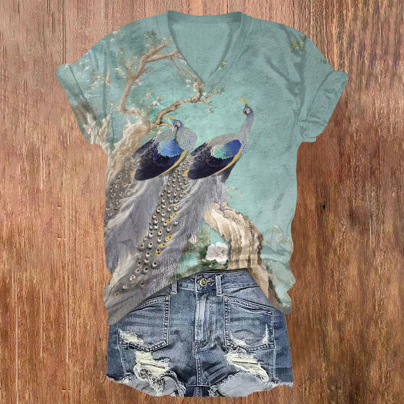 Vintage Japanese Style Peacock And Flowers Art T-shirt - Green - US32-34(5XL) - image 1