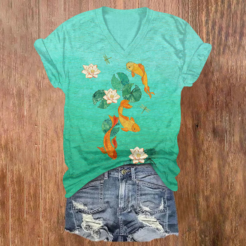 Japanese Style Lotus And Goldfish Art T-shirt - Green - US32-34(5XL) - image 1