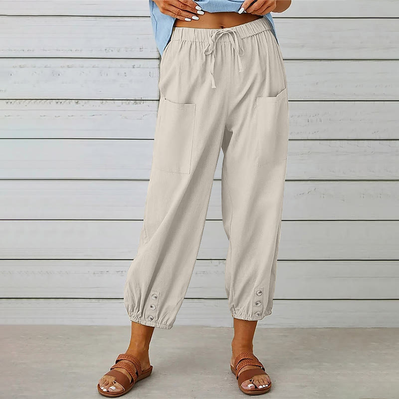 Women's Casual Loose Button Pocket Cropped Pants - Khaki - 4XL - image 2