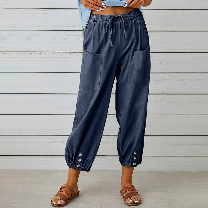 Women's Casual Loose Button Pocket Cropped Pants - Navy Blue - 4XL - image 1