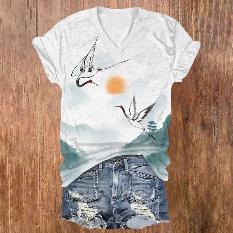 Japanese Crane Art Casual V-neck T-shirt - White - US32-34(5XL) - image 1