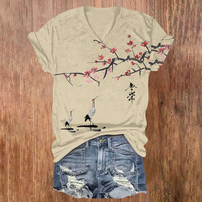 Japanese V-neck Crane Flowers Art T-shirt - Apricot - US32-34(5XL) - image 1