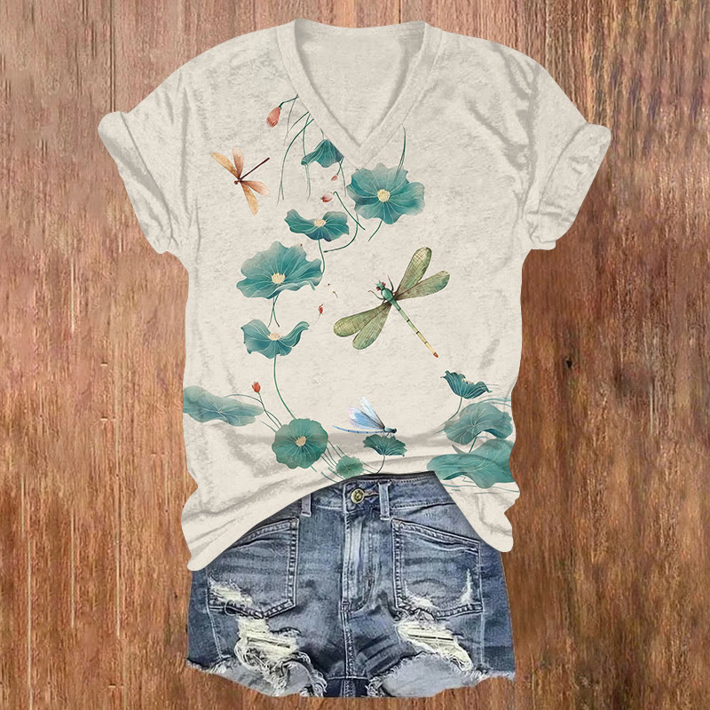 Stylish Lotus Dragonfly Art V-neck T-shirt - Beige - US32-34(5XL) - image 1