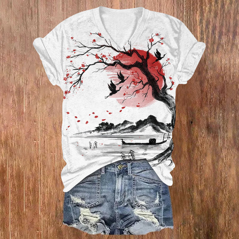 Japanese Inspired Cherry Blossom And Landscape Art T-shirt - White - US32-34(5XL) - image 1