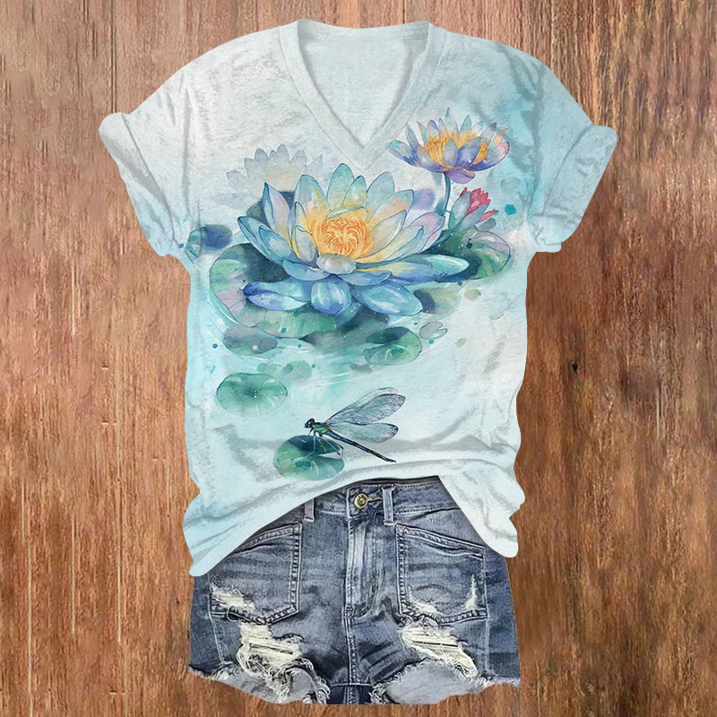  Watercolor Water Lily And Dragonfly Design Art T-shirt - Light Blue - US32-34(5XL) - image 1