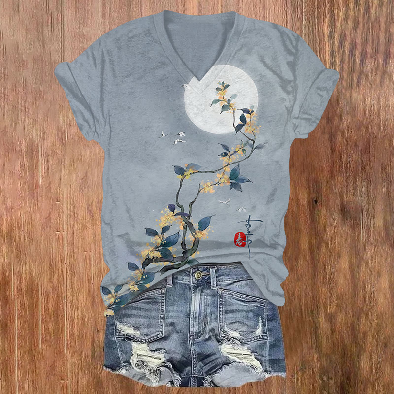 Showcasing Osmanthus Branch Under The Moon Art T-shirt - Light Gray - US32-34(5XL) - image 1