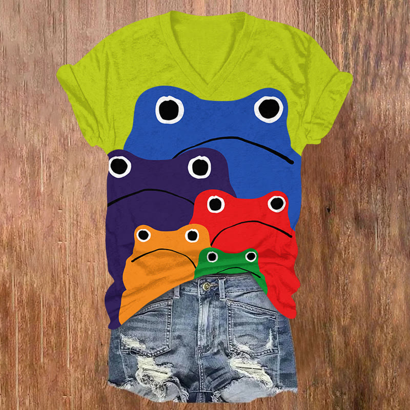 Cascading Rainbow Japanese Frog Print Causal T-shirt - Green - US32-34(5XL) - image 1