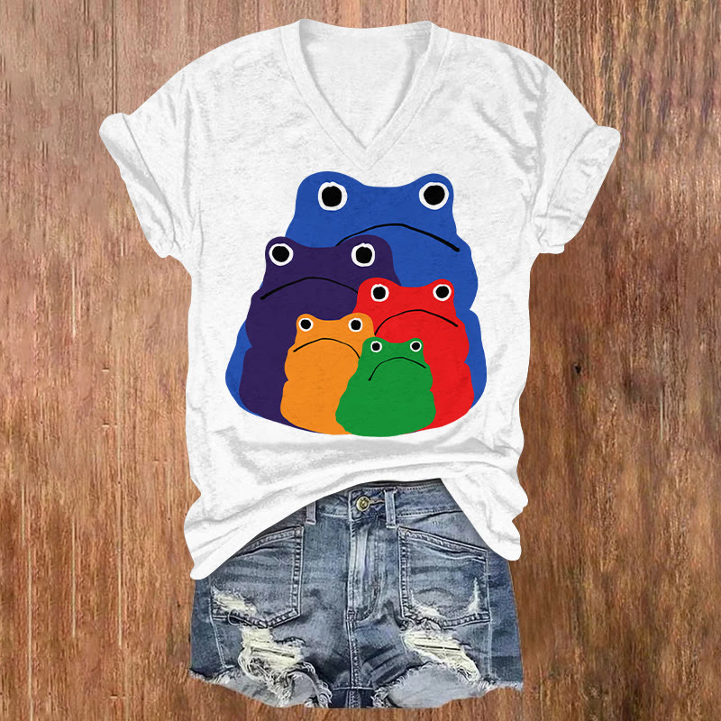 Cascading Rainbow Japanese Frog Print T-shirt - White - US32-34(5XL) - image 1