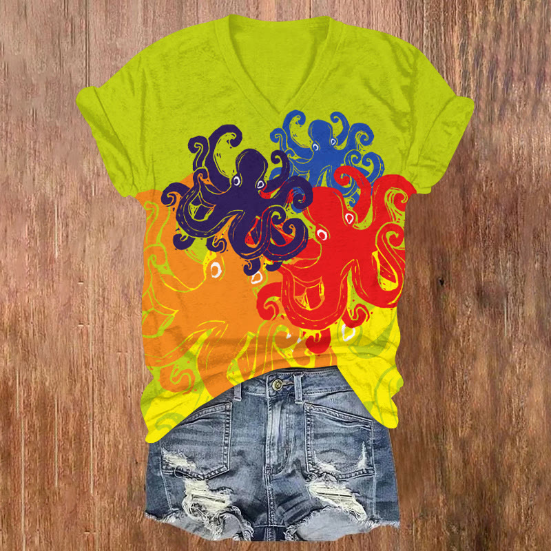 Cascading Rainbow Octopus Print T-shirt - Green - US32-34(5XL) - image 1