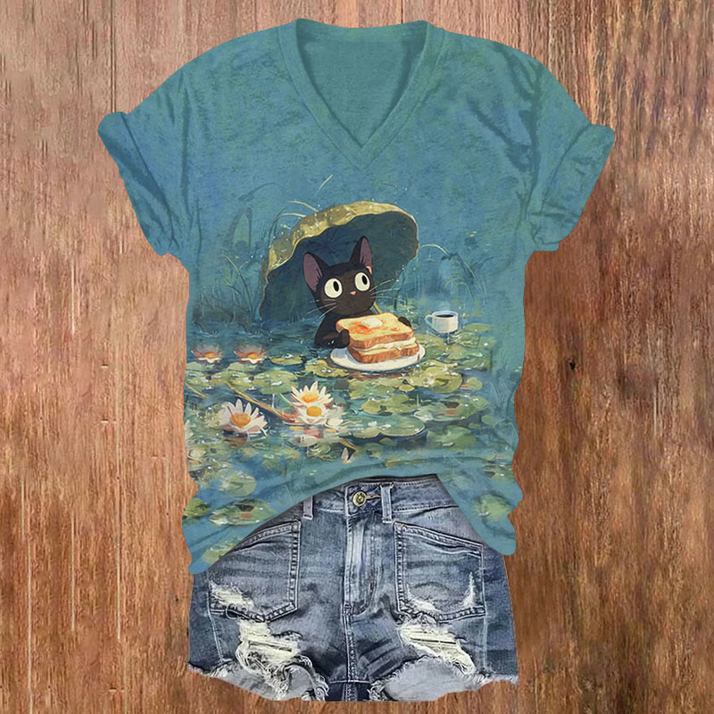 Funny Black Cat Eating Toast Lotus Pond Art T-shirt - Blue - US32-34(5XL) - image 1