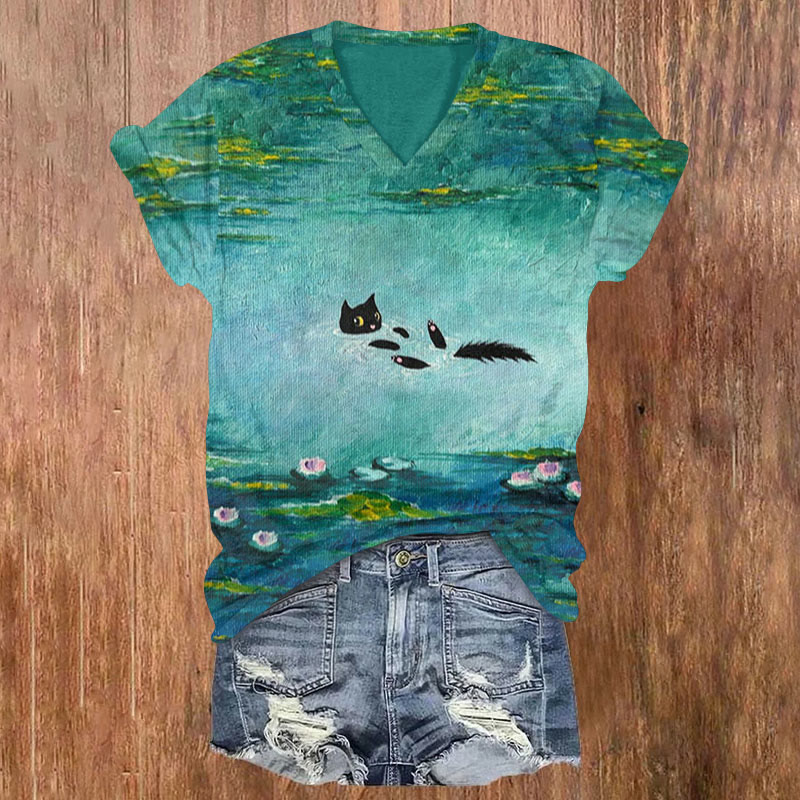 Fun Swimming Black Cat Lotus Pond Oil Painting Art T-shirt - Blue - US32-34(5XL) - image 1