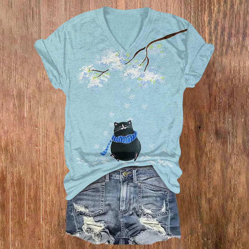 Cute Black Cat And Flowers Simple Art T-shirt - Blue - US32-34(5XL) - image 1
