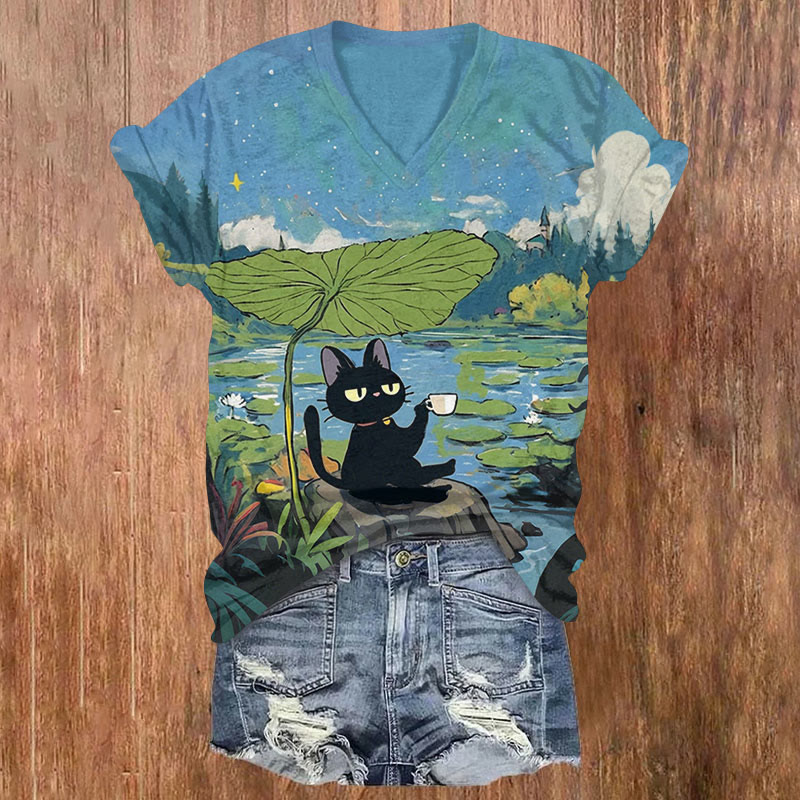 Funny Black Cat Drinking Tea With Lotus Leaf Umbrella Art T-shirt - Blue - US32-34(5XL) - image 1