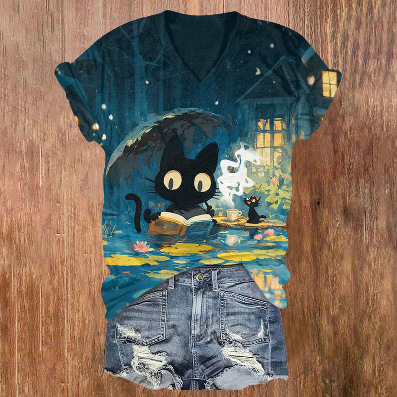 Interesting Midnight Black Cat And Lotus Pond Art T-shirt - Blue - US32-34(5XL) - image 1