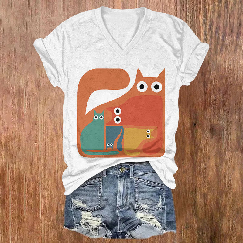Women's Funny Cartoon Cats Art Print T-shirt - White - US32-34(5XL) - image 1