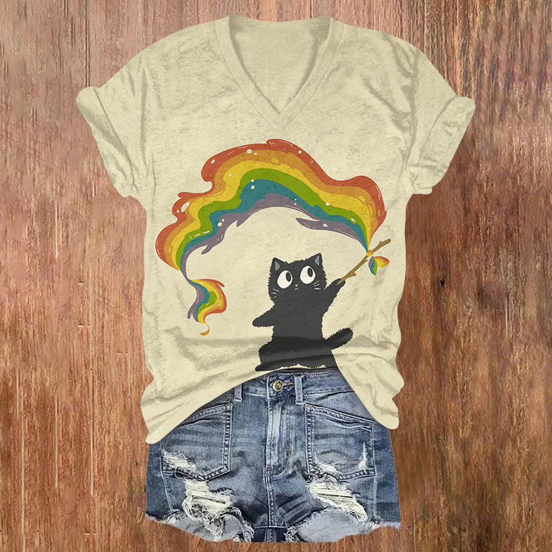 Women's Cat Holding Rainbow Flag Art Print T-shirt - Yellow - US32-34(5XL) - image 1