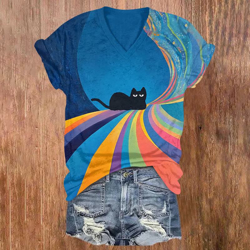 Women's Fantasy Rainbow & Black Cat Art Print T-shirt - Blue - US32-34(5XL) - image 1