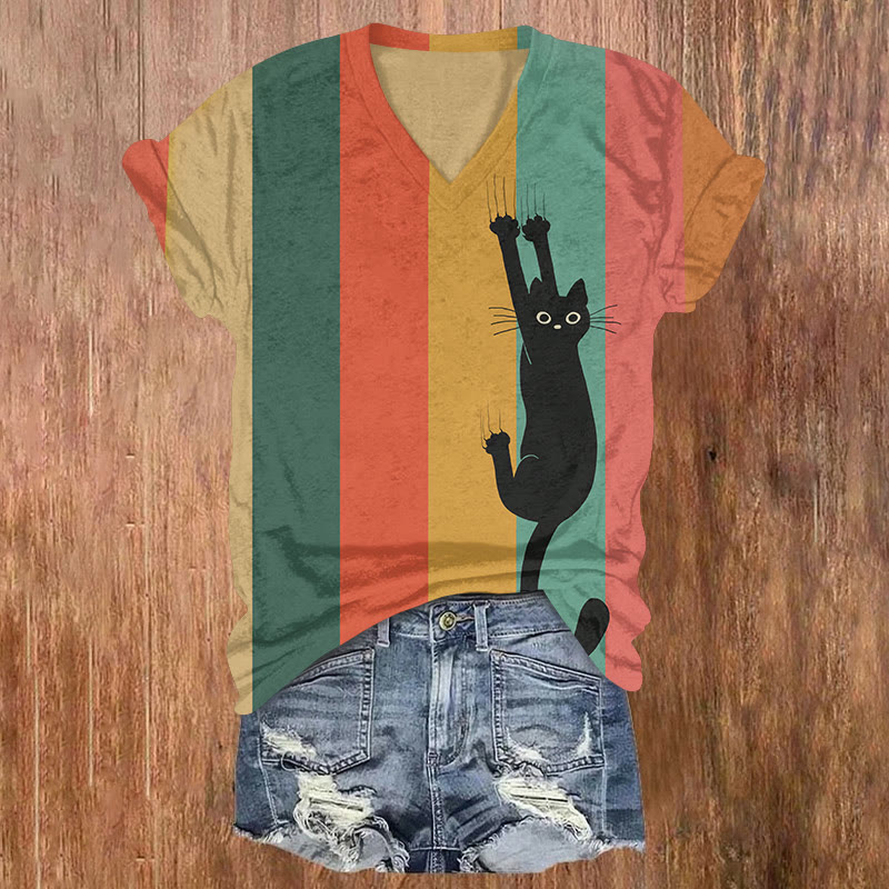 Women's Rainbow Climbing Cat Art Print T-shirt - Multicolor - US32-34(5XL) - image 1