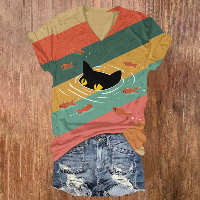 Women's Creative Rainbow Cat Peeking Fish Art Print T-shirt - Multicolor - US32-34(5XL) - image 1