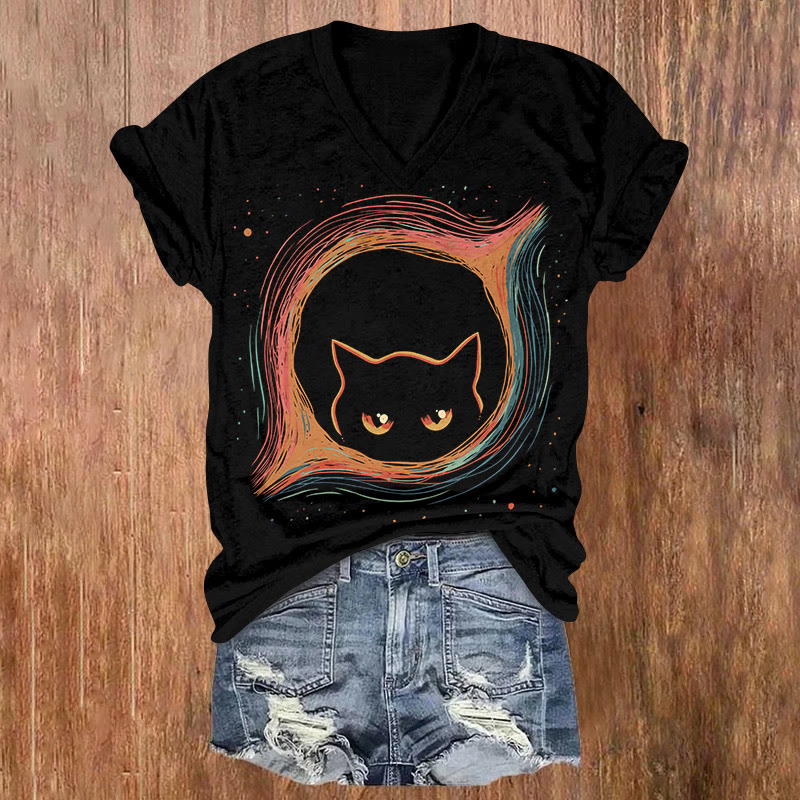 Women's Funny Starry Black Hole Cat Art Print T-shirt - Black - US32-34(5XL) - image 1