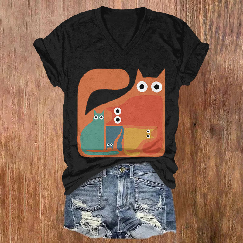 Women's Funny Cartoon Cats Art Print T-shirt - Black - US32-34(5XL) - image 2