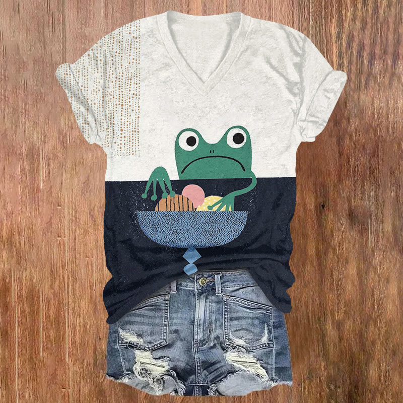 Funny Frog Eating Dessert Color Contrast Art T-shirt - White - US32-34(5XL) - image 1