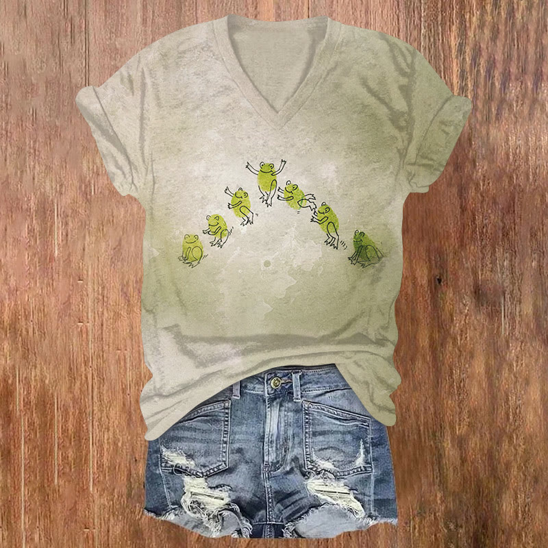 Fun Jumping Frog Smudge Art T-shirt - Khaki - US32-34(5XL) - image 1