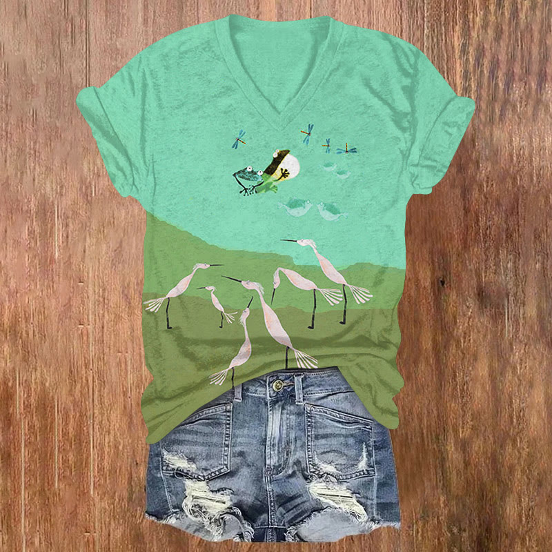 Japanese Style Crane Frog Dragonfly Contrast Color Art T-shirt - Green - US32-34(5XL) - image 1
