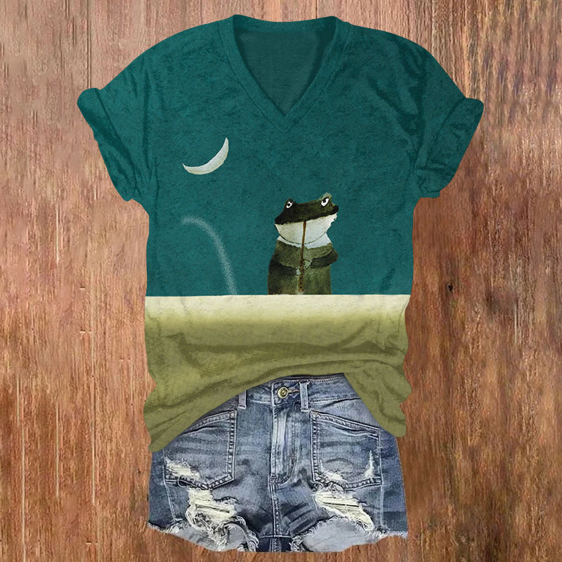 Retro Midnight Flute Frog Contrast Color Art T-shirt - Green - US32-34(5XL) - image 1