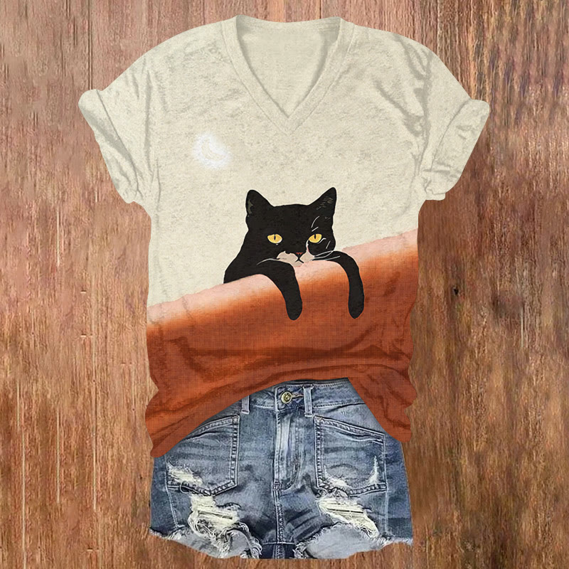 Japanese Midnight Black Cat Color Contrast Art T-shirt - Beige - US32-34(5XL) - image 1